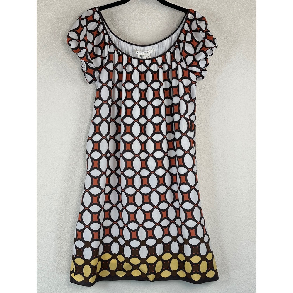 Max Studio Geometric Mod Dress Small Retro 60s Print Puff Sleeve Lined Shift
